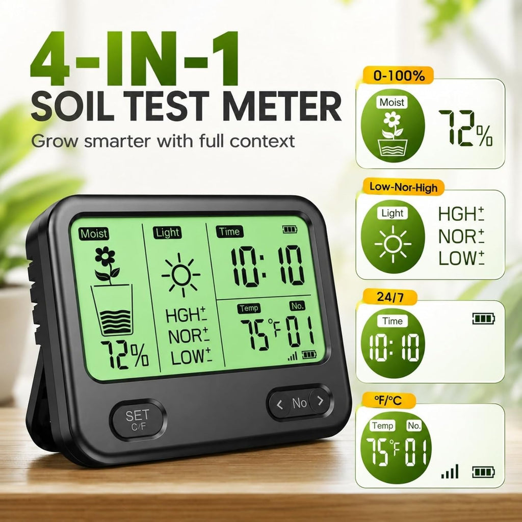 4-in-1 Soil Moisture Meter for Plants ,Soil Temperature /Moisture /Sunlight Time, Large Screen, Garden Soil Tester for Lawn, Farm, Houseplants，Wireless Indoor/Outdoor Plant Water Meter (Dark Black)