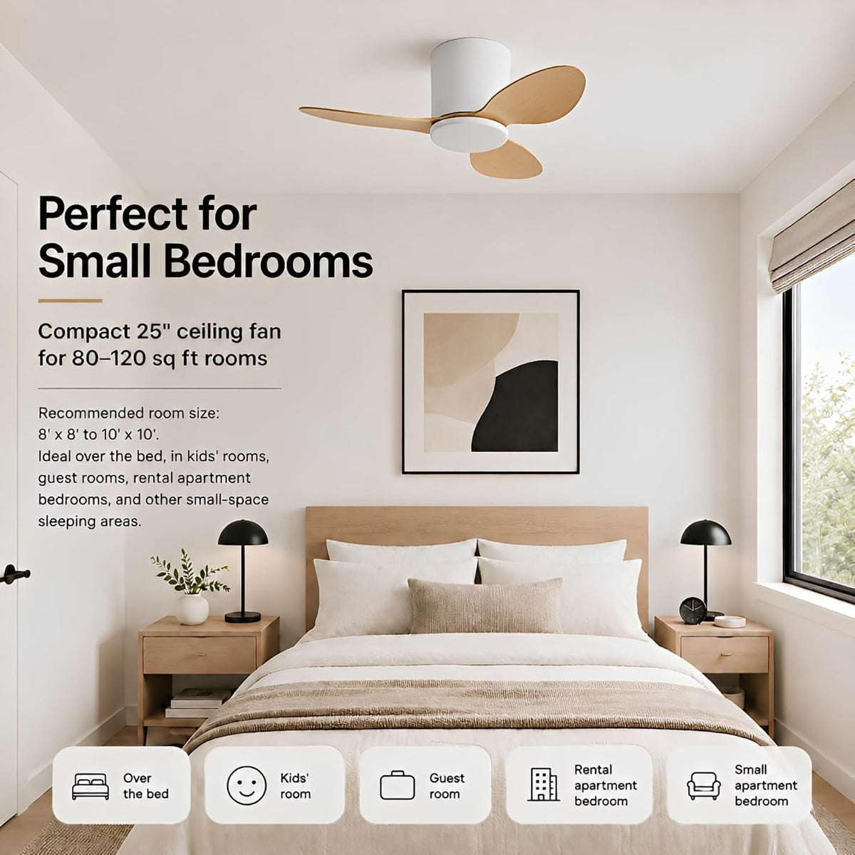 25 Inch Small Ceiling Fan No Light, Low Profile, White Wood Color