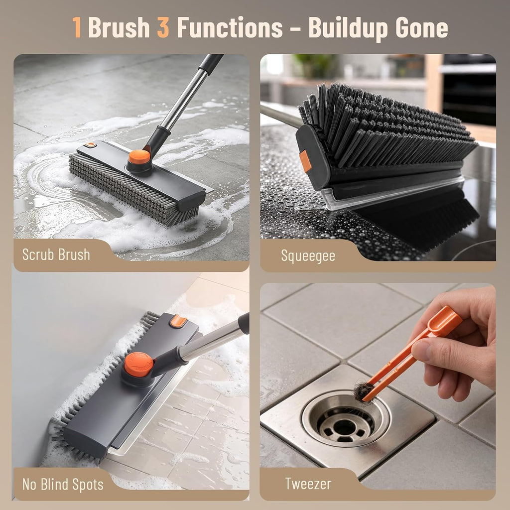 3 in 1 Floor Scrub Brush with Long Handle & Squeegee Tweezer: Up to 54"