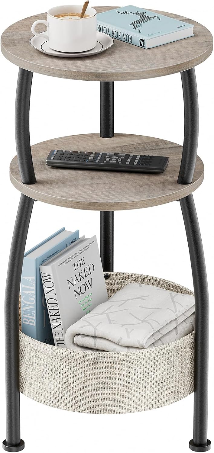 Round Side Table for Living Room with Storage Basket, 11.81in