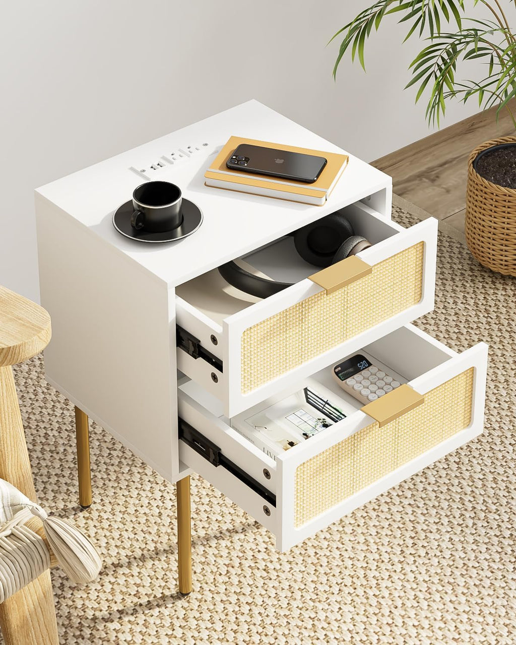Aobafuir Nightstand with Charging Station, Rattan Nightstand for Bedroom, Small Bedside Table with Drawers, Night Stand, End Table with Gold Frame for Living Room (White, 2 Drawers)