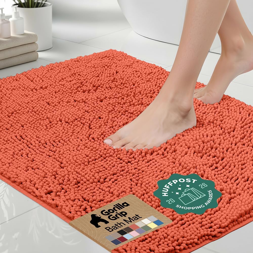 GORILLA GRIP Bath Rug Mat for Bathroom, Absorbent Chenille, 24x17 Coral