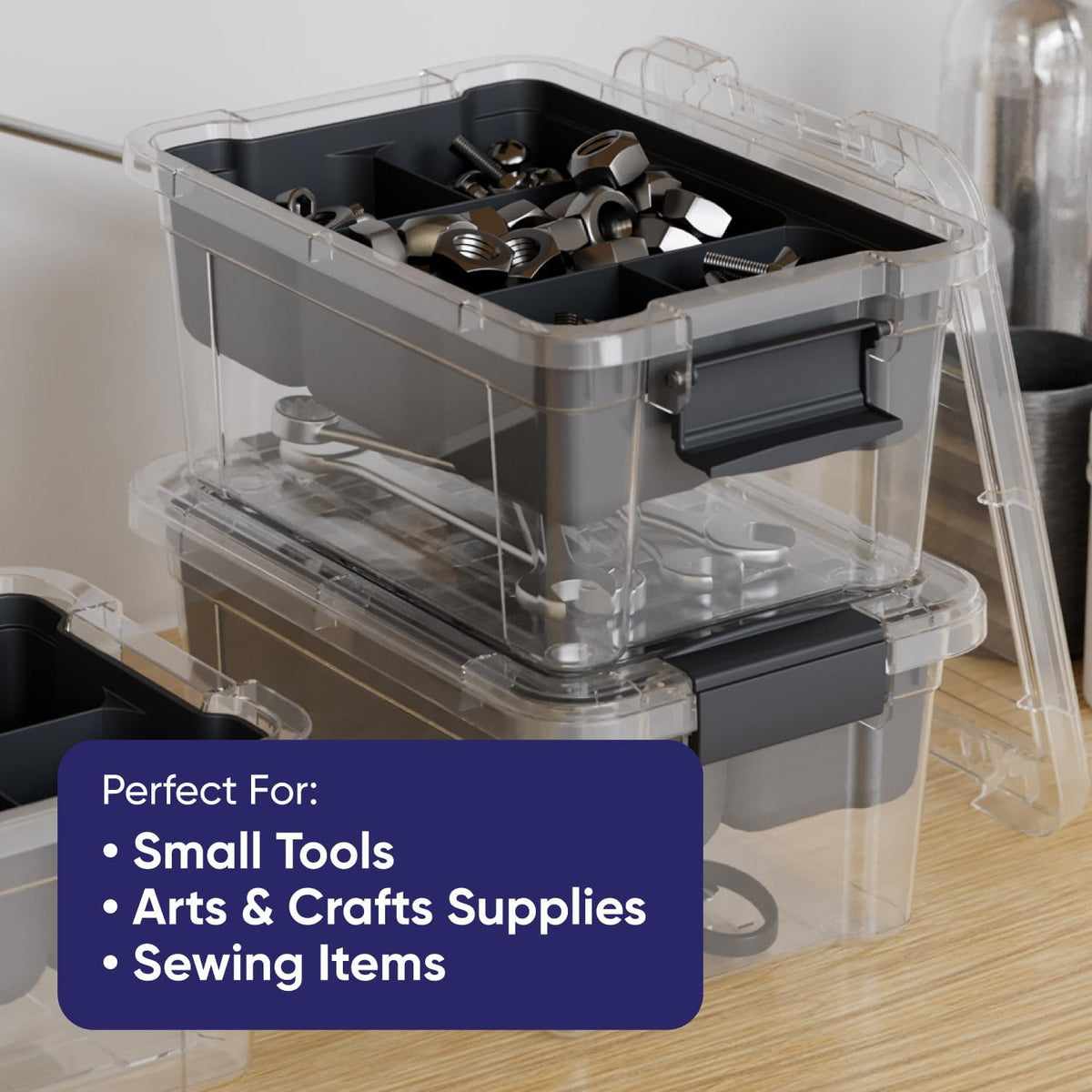 Superio Small Storage Container Organizing Bin with Removable Tray Plastic Tools, Sewing, Crafts Box, 3.5 Qt, 2 Pack