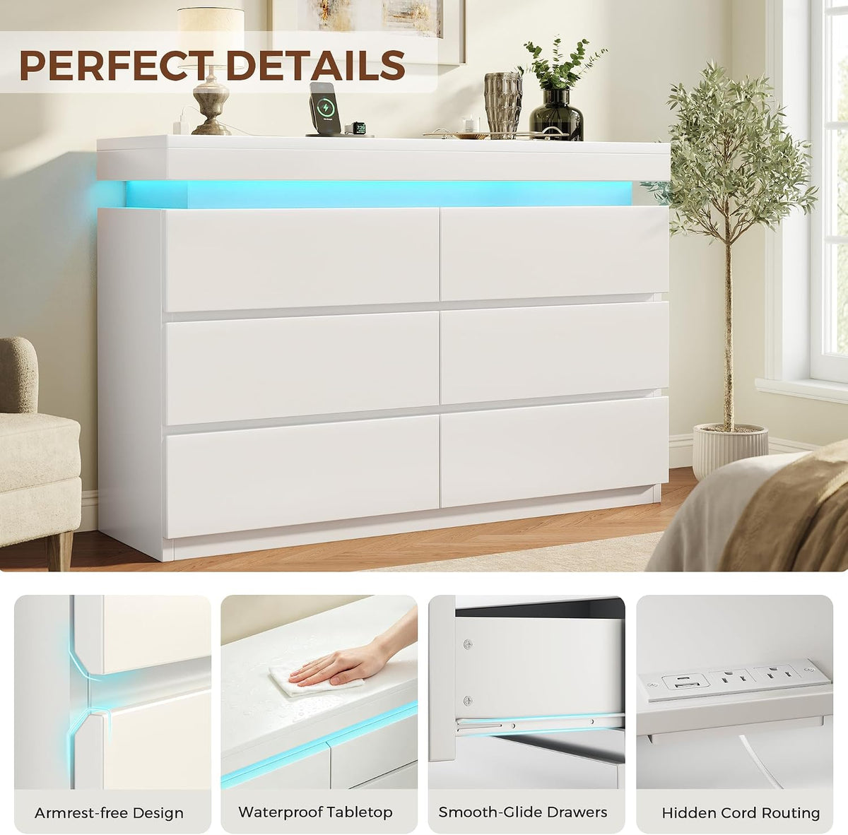 6 Drawer Dresser with LED Lights and Charging Station, Modern White Dresser