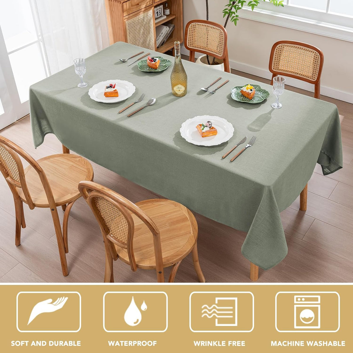 H.VERSAILTEX Linen Table Cloths Rectangle 60 x 104 Inch Premium Tablecloth Spill-Proof Waterproof Table Cover for Dining Buffet Feature Extra Soft and Thick Fabric Wrinkle Free, Sage