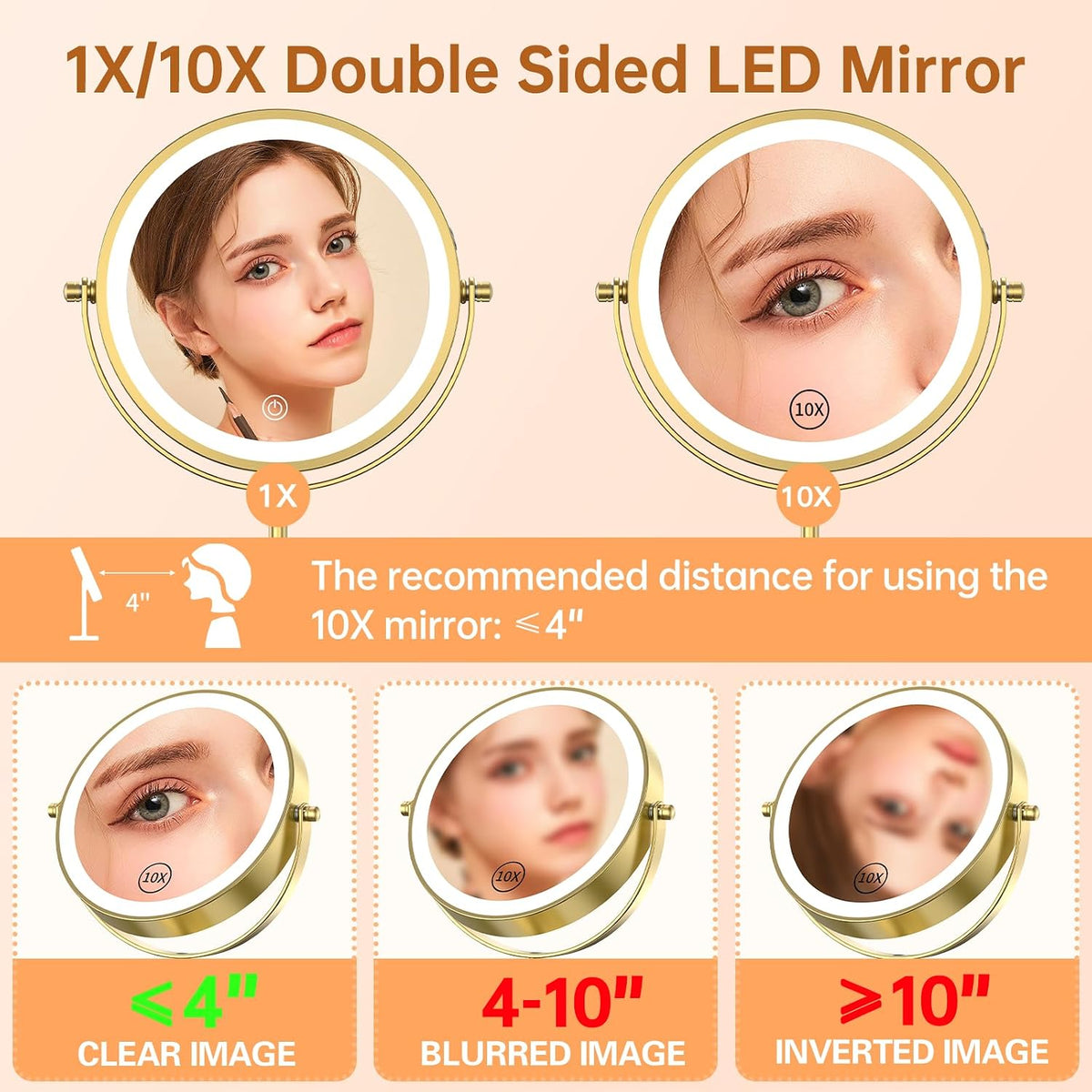 Gospire 7" Lighted Makeup Mirror, 1X/10X Magnification, Height Adjustable