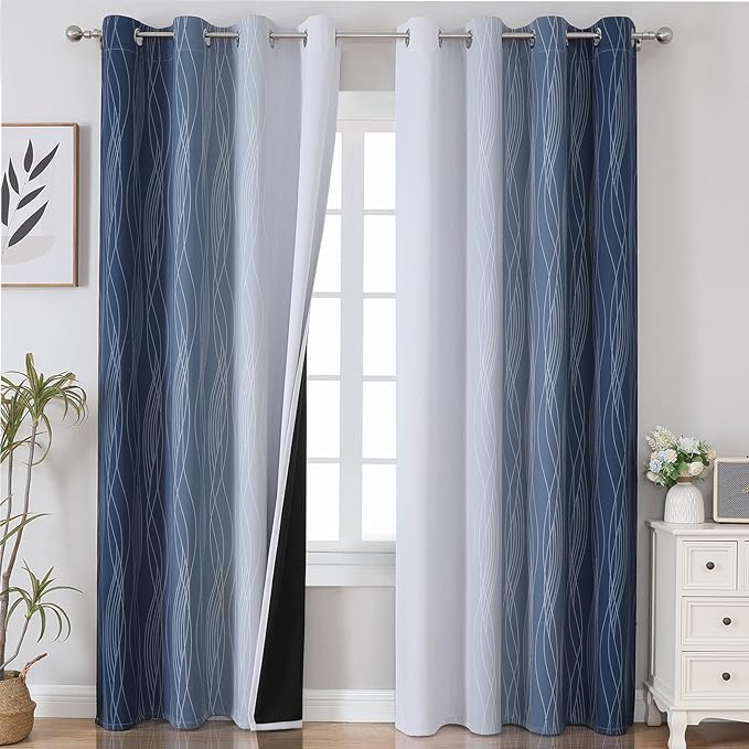 Estelar Textiler Navy Blue and Greyish White Blackout Curtains by ESTELARTEXTILER