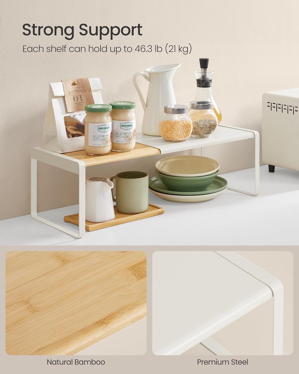 SONGMICS HOME Spice Rack, Expandable Cupboard Shelf Orgnizer,Bamboo