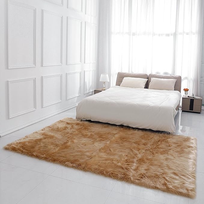 linmopm Faux Fur Rug Sheepskin Shag Fluffy Fuzzy Beige 5x7 ft Rugs - Image 2