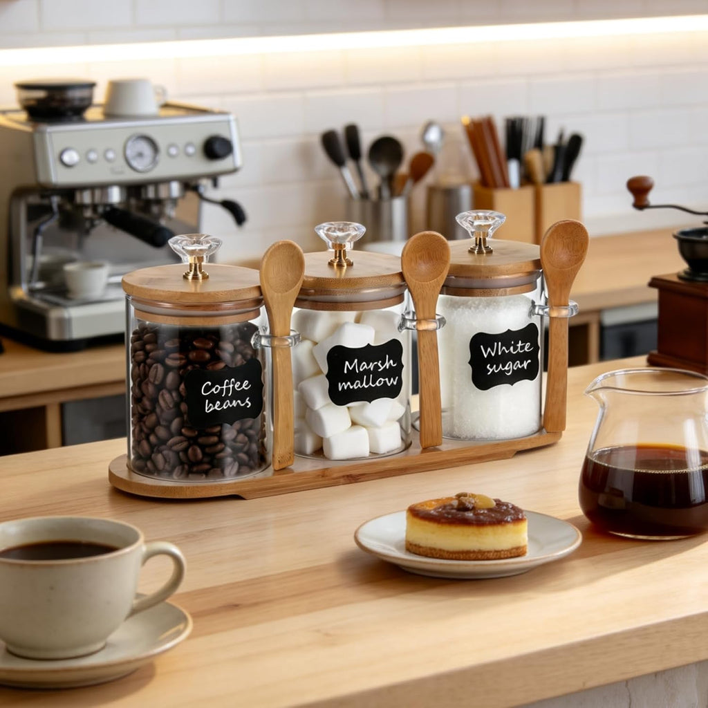 3 Pcs Glass Coffee Container with Lids Spoons Spice Jar Labels Tray