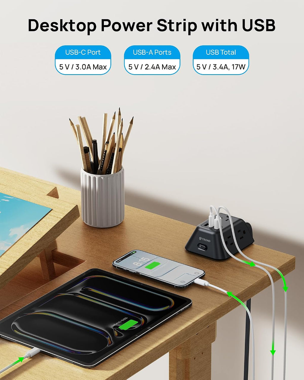 TROND Desk Clamp Power Strip with 5 AC Outlets and 3 USB Ports, Black
