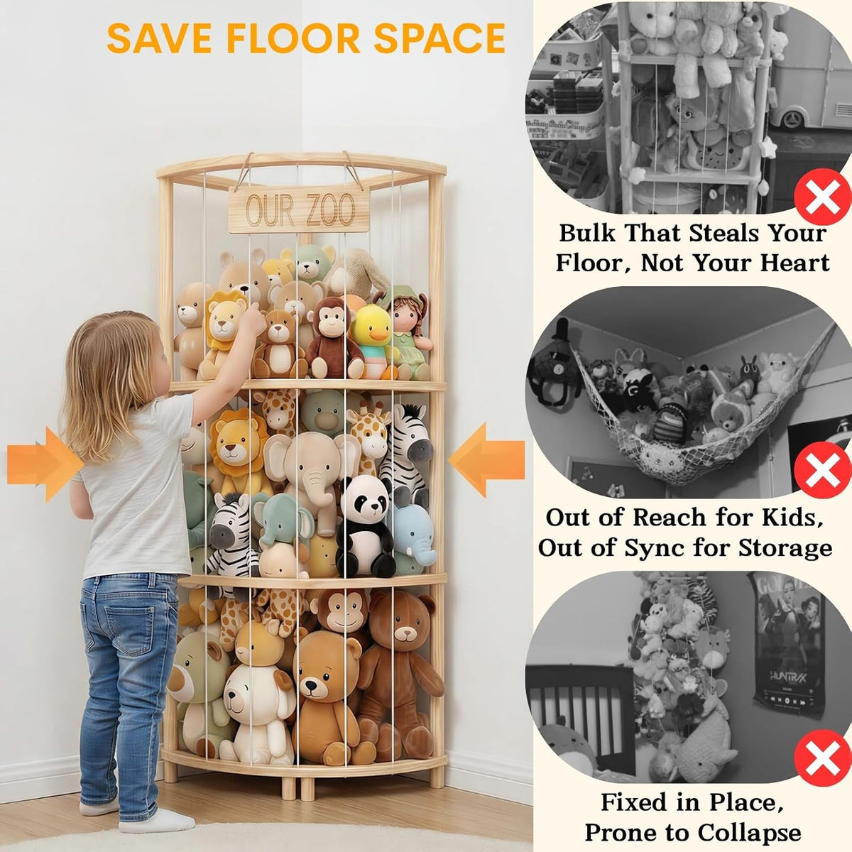 Corner Stuffed Animal Storage, Large Wooden Plush Toy Storage Zoo