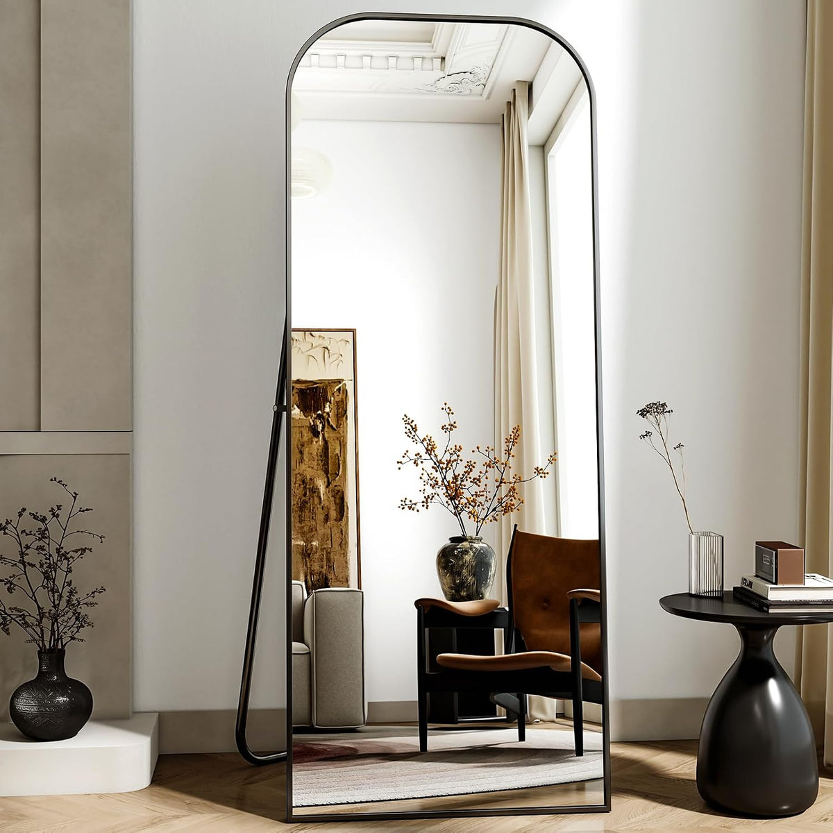56x21 Inch Full Length Mirror - Large Floor Standing & Wall Mountable Full Body Mirror with Sturdy Aluminum Frame, Arched Top Design, Freestanding or Hanging for Bedroom, Living Room, Cloakroom,Black