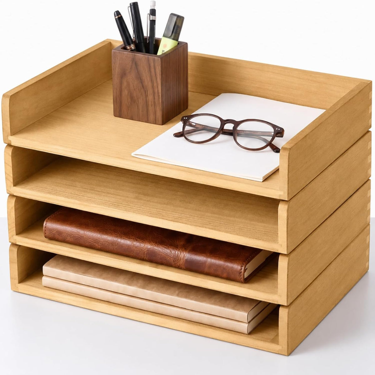 Yeaqee 4 Pcs Stackable Organizer Tray Wood Desk Organizer, Dark Wood Color