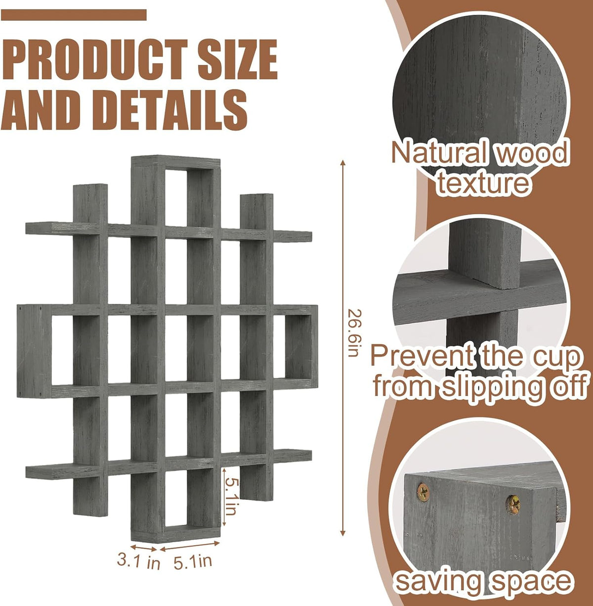 Suzile Mug Display Shelf Wall Mounted,Grid Size 5.1x5.1x3in,Grey