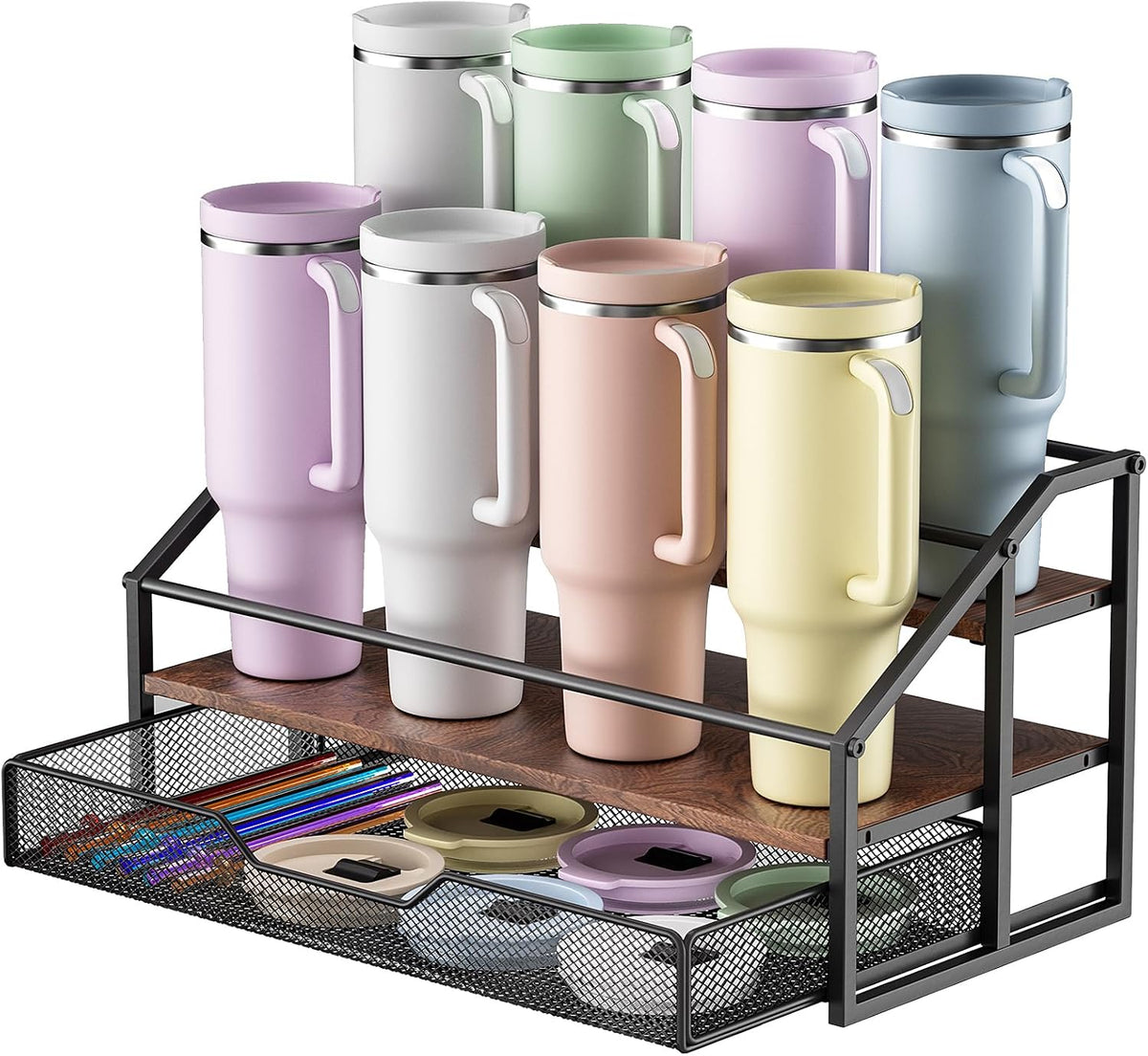 MOJOHAND 3-Tier Stanley Cup Rack with Basket for 8 Tumblers