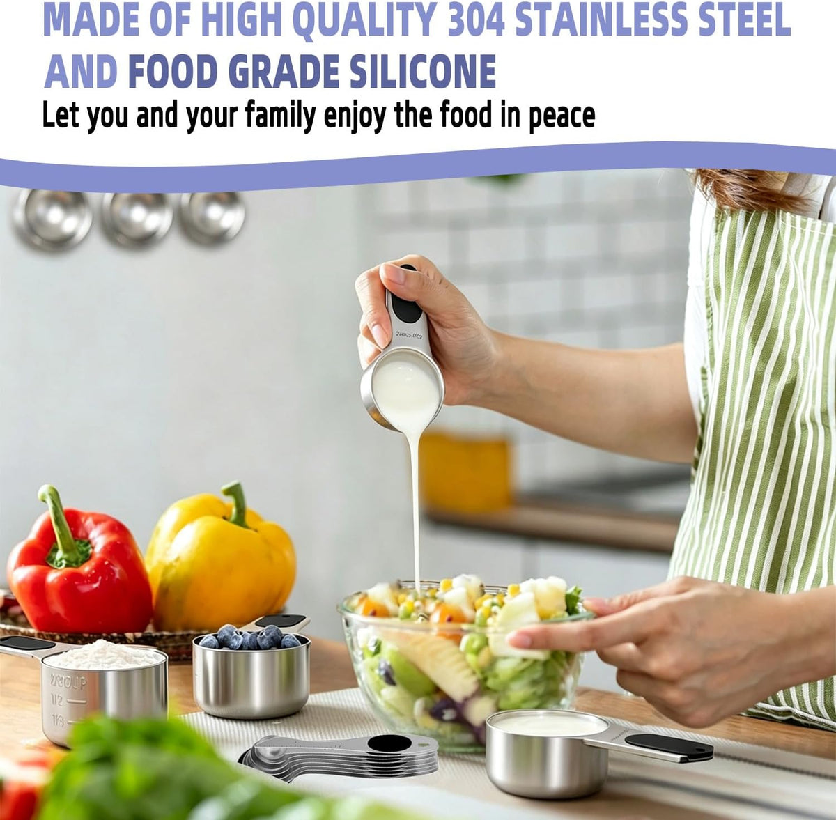 Measuring Cups and Spoons Set,304 Stainless Steel 5 Magnetic Measuring Cups and 8 Sigle Sided Measuring Spoons with 1 Leveler,Kitchen Gadgets for Cooking & Baking