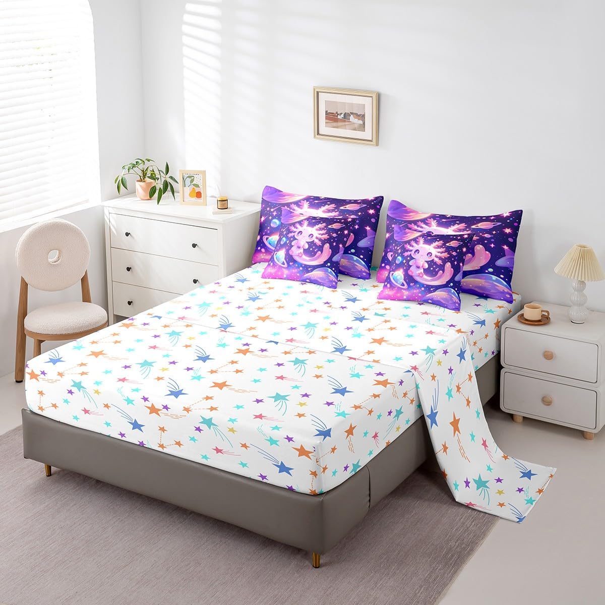 Feelyou Kids Cute Axolotl Comforter Set with Sheets Twin Size, Galaxy Planet Space 7 Pieces Bedding Set Boys Girls Cartoon Animal Bed in A Bag Dreamy Starry Teens Bed Set Bedroom Decor 7Pcs