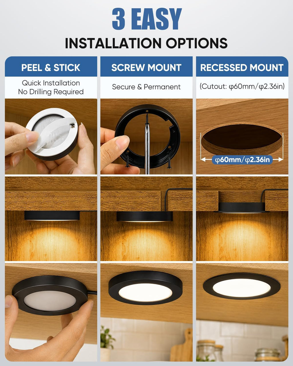VST Under Cabinet Lighting Plug in with Wired Touch Dimmer Switch,Recessed or Surface Mount Design,Warm White 3000K 12V 2W(12W Total, 60W Equivalent),6 Pack Black Puck Lights Fixtures