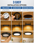 VST Under Cabinet Lighting Plug in with Wired Touch Dimmer Switch,Recessed or Surface Mount Design,Warm White 3000K 12V 2W(12W Total, 60W Equivalent),6 Pack Black Puck Lights Fixtures