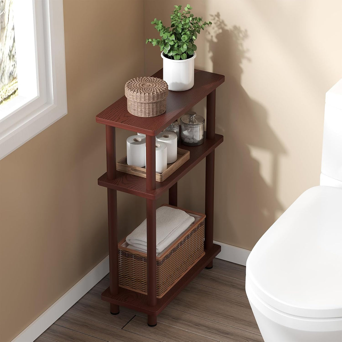 Apicizon Small Narrow Side Table, 3-Tier Skinny End Table, Dark Brown