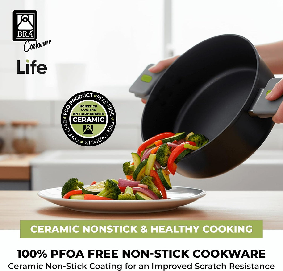 BRA COOKWARE Life Ceramic Nonstick Sauté Pan w/Lid | 12.6 In 4.8Qt Aluminum