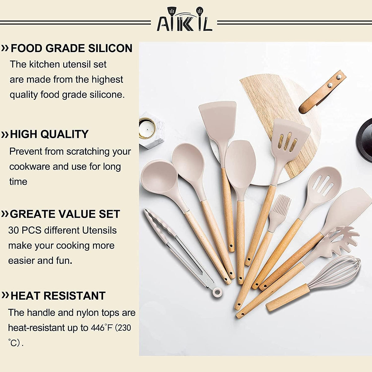 Kitchen Cooking Utensils Set, 26 Pcs Non-stick Silicone Kitchen Utensil Spatula Set with Wooden Handles, Silicone Kitchen Gadgets Utensil Set for Cookware(Khaki)