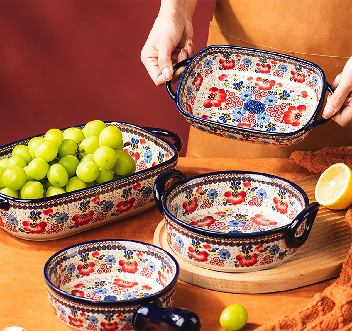 Vintage Flowers Style Ceramic Bakeware Casserole Dish Baking Pan Lasagna Pans Baking Dish with Handles for Oven/Cooking/Kitchen-1 PCS-Red Flowers-60 OZ