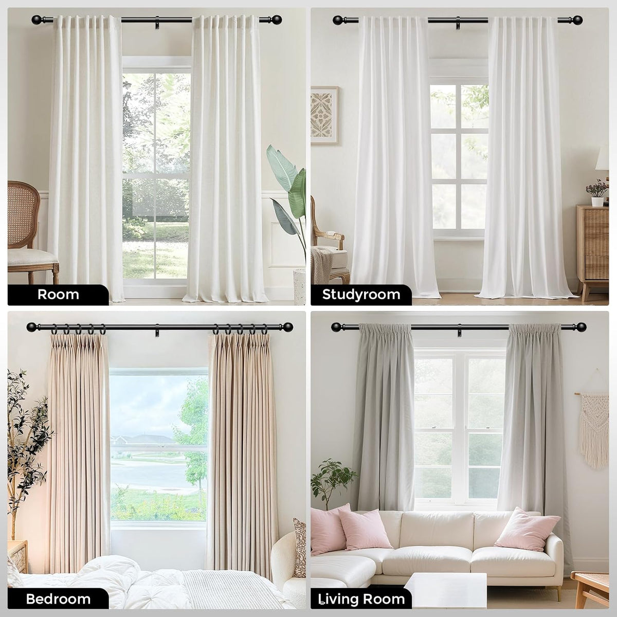 Curtain Rods 36-88 Inch, Black 1 Inch Adjustable Heavy Duty Curtain Rods for Windows, Decorative Modern Window Treatment Rod, Telescopic Splicing Metal Drapery Pole, Easy Installation