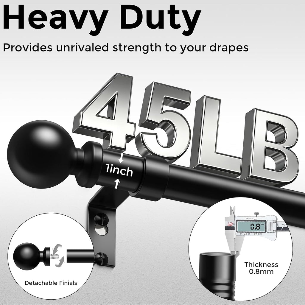 Curtain Rods 36-88 Inch, Black 1 Inch Adjustable Heavy Duty Curtain Rods for Windows, Decorative Modern Window Treatment Rod, Telescopic Splicing Metal Drapery Pole, Easy Installation