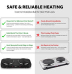 Countertop Double Cast Iron Burner 1800 Watts Electric Hot Plate with Adjustable Temperature 6.1" Cooktop for Dorm, Office, Home, Camp, Compatible for All Cookwares