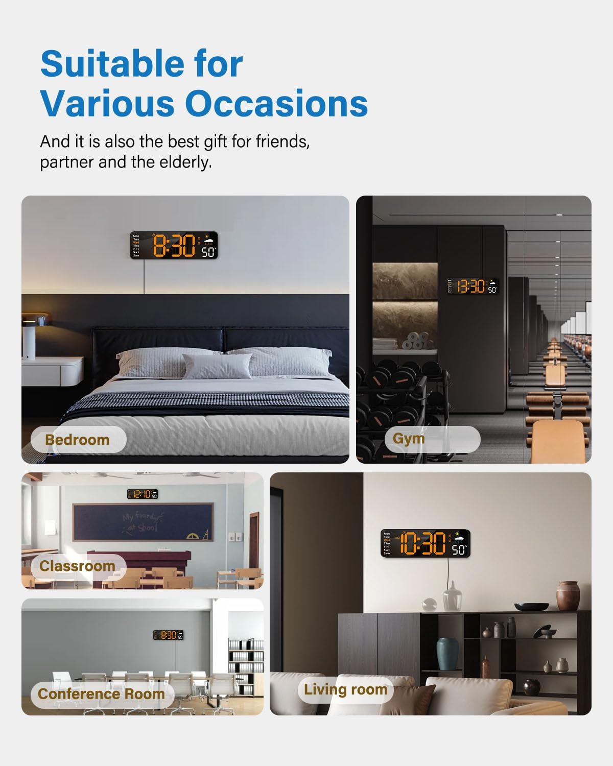 Digital Wall Clock, Digital Clock Large Display with Remote Control, Corded LED Alarm Clocks with Date, Week, Temp, Humidity, Auto DST, Countdown, for Living Room Bedroom Classroom Office (Orange)