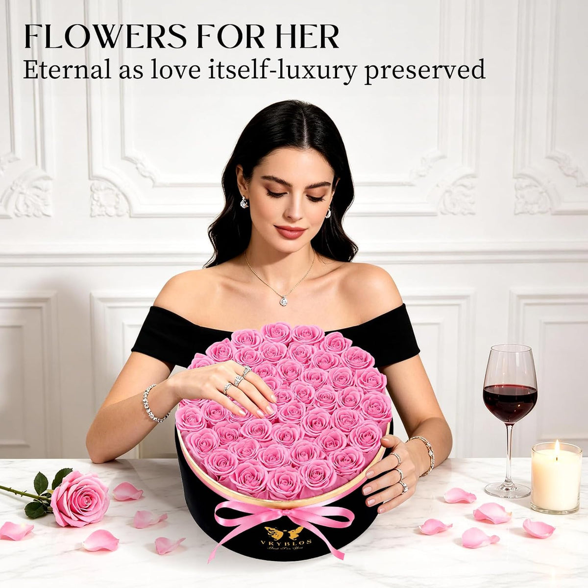 47 Pieces Forever Flower Round Shape in a Box Preserved Pink Roses for Delivery Grade A Quality 100% Real Immortal Flowers Eternal Birthday for Her Mom Women Wife Girlfriends（Pink）