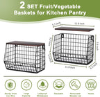 Wawocs Fruit Basket for Kitchen Counter 2 Tier Fruit Bowl, Stackable Wall Mounted Hanging Fruit Basket Wire Baskets with Wood Lid with 4 Banana Hanger Hooks, Onion Basket, Fruit and Vegetable Storage