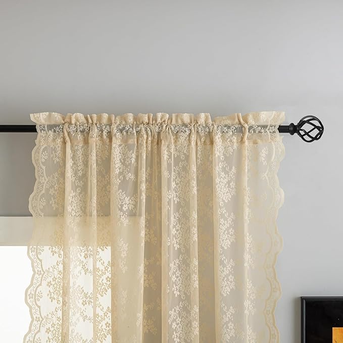 YJ YANJUN Vintage Lace Curtains 102 Inch Long-Victorian Floral Pattern Beige - Image 3