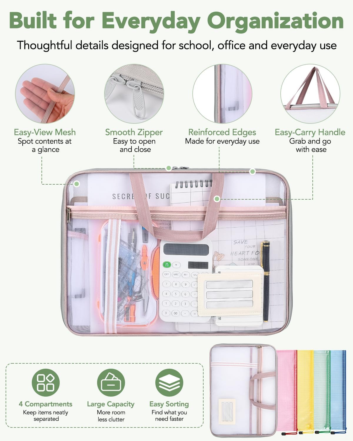 8 Mesh Zipper Pouches + 1 File Organizer Bag,9‑Pc Document Organizer Set