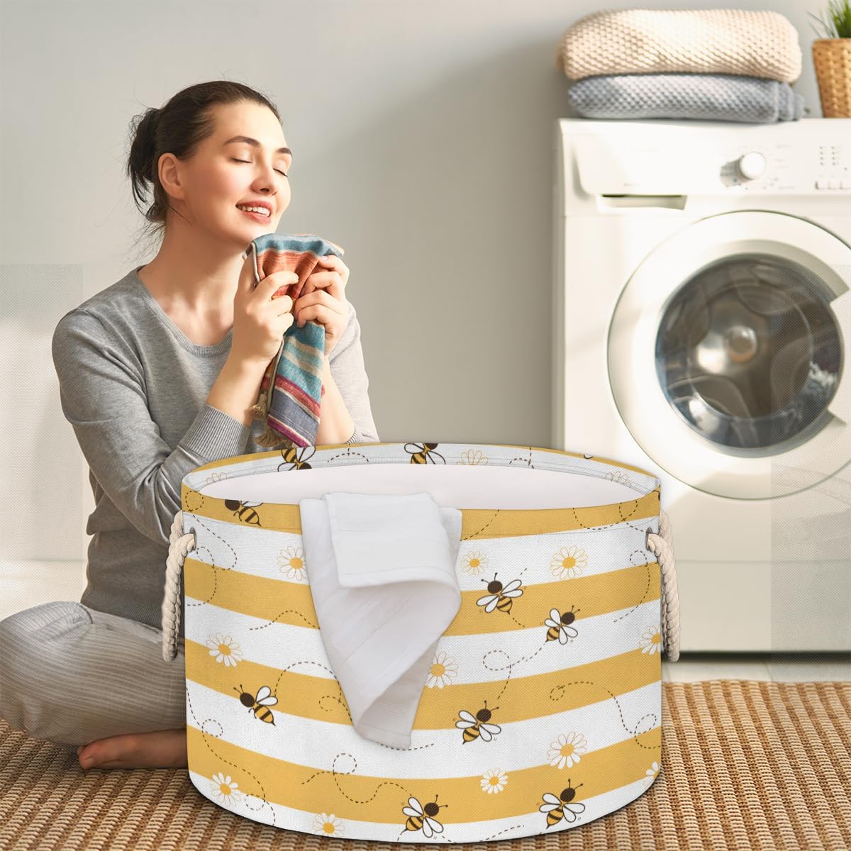 Animal Cute Bee Large Storage Basket Honeycomb Bee Round Laundry Basket with Handle Organization Collapsible Storage Bins Box Hamper for Kids Toy Clothes Nursery Bedroom Living Room Decor