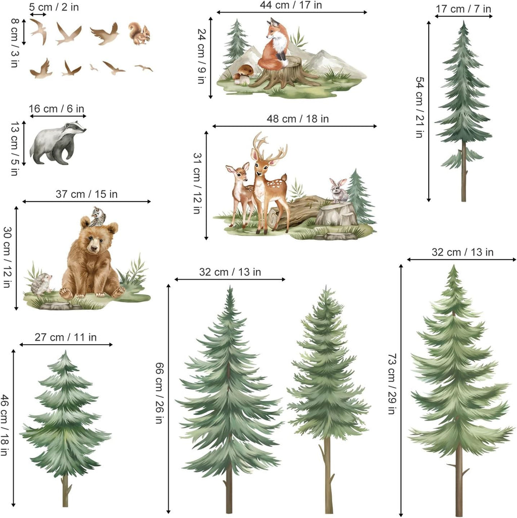 wondever Mountain Tree Wall Decals Forest Animals Bear Deer Wall Stickers