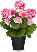 Briful Artificial Geranium Potted Plant – 16” Tall, Realistic Silk Flowers with Vibrant Green Leaves, Pink White Geraniums Fake Flowers for Outdoors Home Décor, Wedding Farmhouse Office Tables Decor