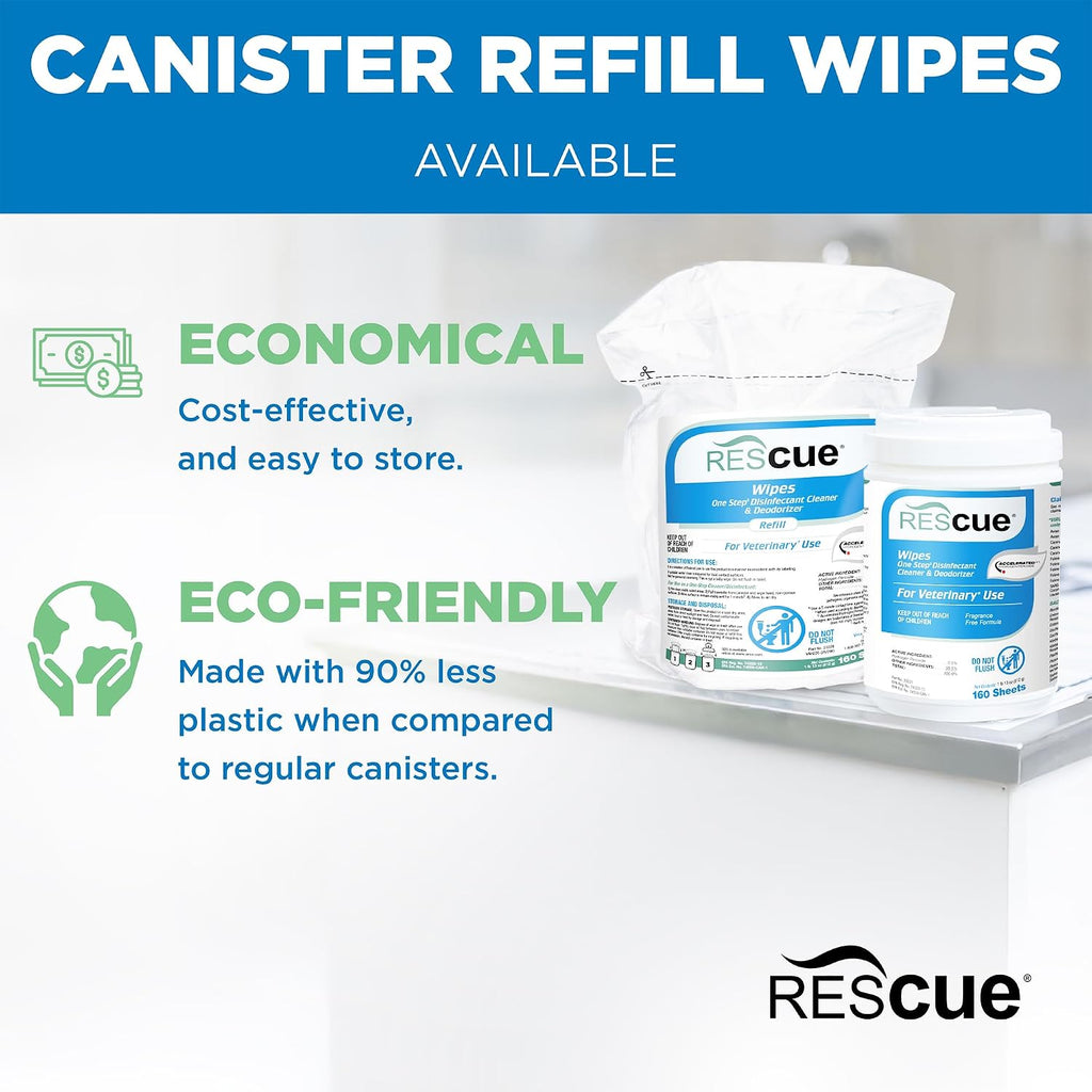 REScue One-Step Disinfectant Cleaner & Deodorizer Wipes for Vet Use – Cleaner for Kennels, Litter Boxes, Vet Offices, Pet Grooming Surfaces, Pet Items – Wipes Canister, 160-Count (Pack of 1)