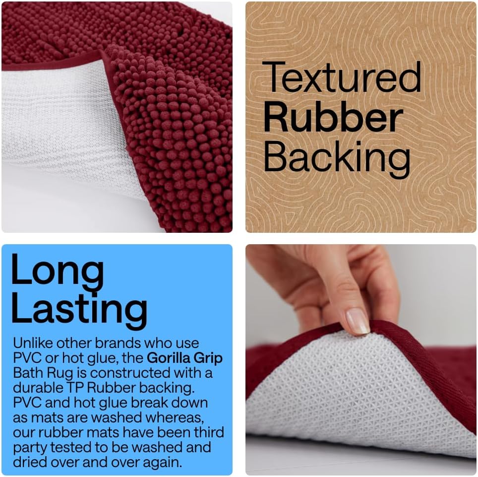 GORILLA GRIP Bath Rug Mat for Bathroom, Absorbent Chenille, 24x17 Burgundy