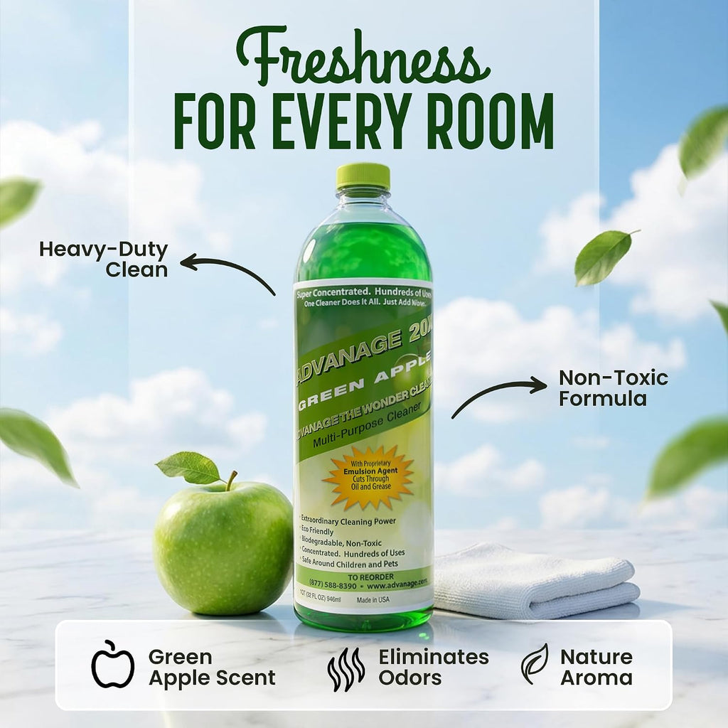 Advanage 20X All Purpose Cleaner Concentrate – The Wonder Cleaner 32 fl oz Green Apple Cleaning Supplies for Bathroom Cleaner, Floor Cleaner, Multipurpose Cleaner | Made in USA Multisurface Cleaner