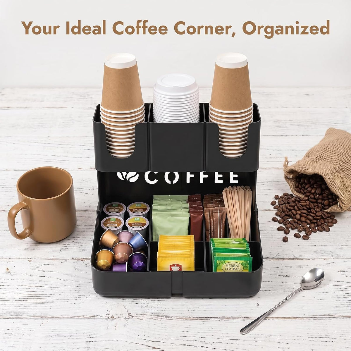 Expandable 2 Tier Coffee Station Organizer, Coffee Bar Organizer with 11 Compartments & Cup Holder Rack, Coffee Pod Holder for K Cups, Tea Bags, Sugar Packets, Countertop Coffee Accessories Storage