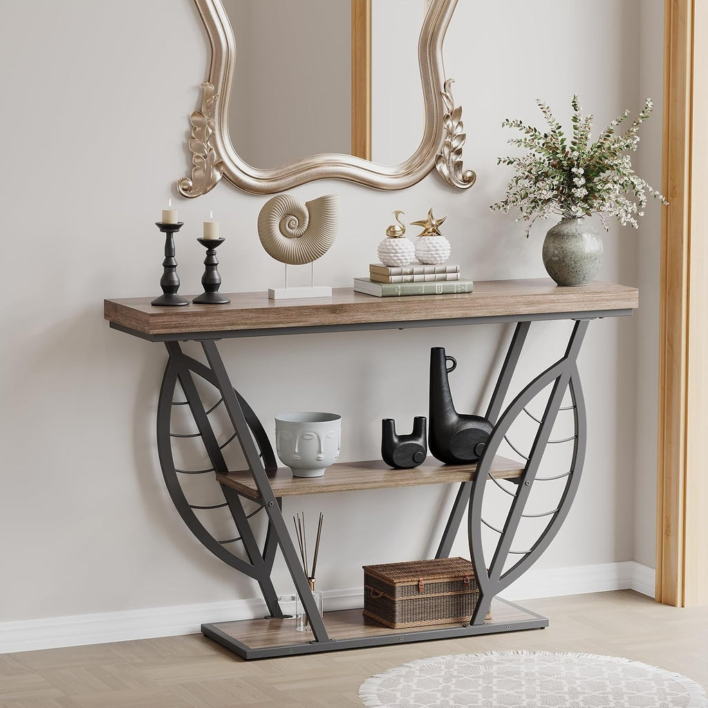HavenlyYouth Leaf Design Console Table for Entryway, 3-Tier Storage, 30mm Thick Industrial Metal Frame, Easy-to-Assemble Narrow Accent Table, Space-Saving for Hallway, Entrance, Foyer.Gray