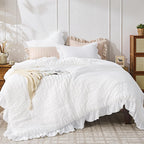 JOLLYVOGUE Bright White Queen Comforter Set,3pcs Ruffle Seersucker Bed Set