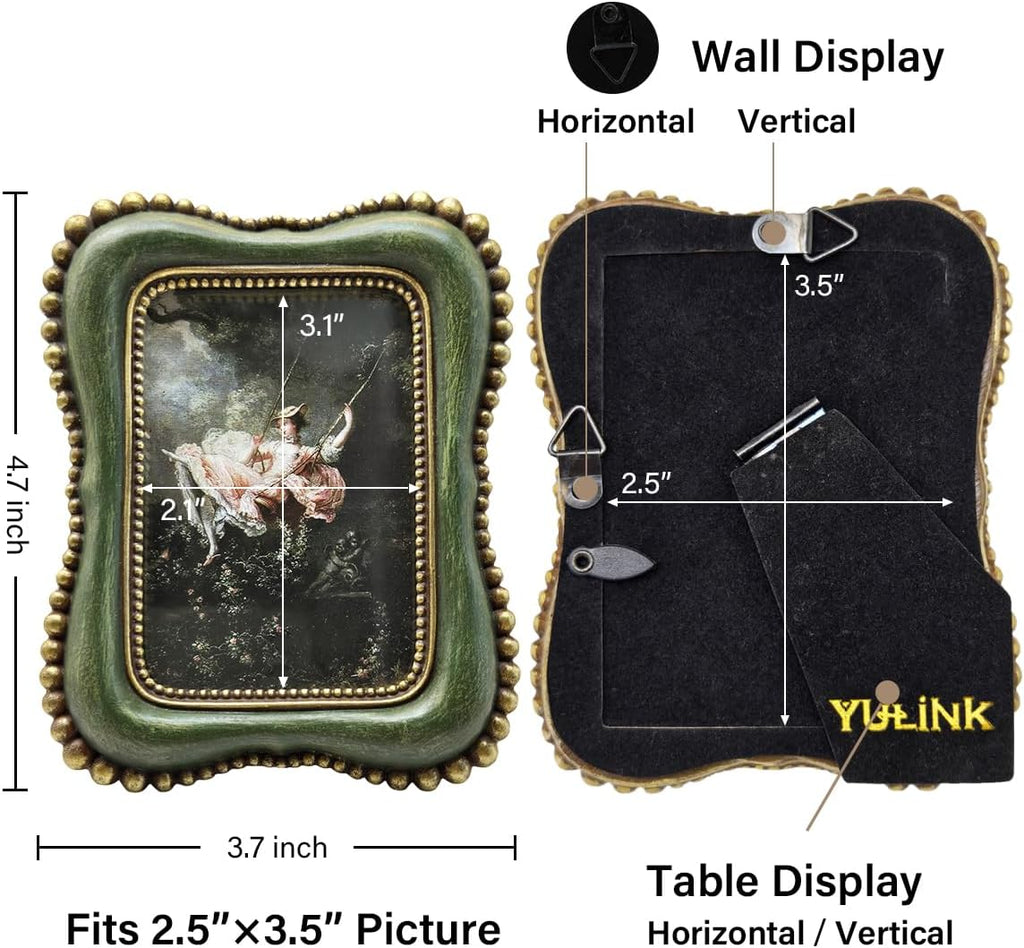 2.5x3.5 Small Vintage Picture Frame, Tiny Antique Green Ornate Photo Frame, for Tabletop and Wall Display, Decorative Retro Home Decor, Old Fashioned Photo Gallery Art