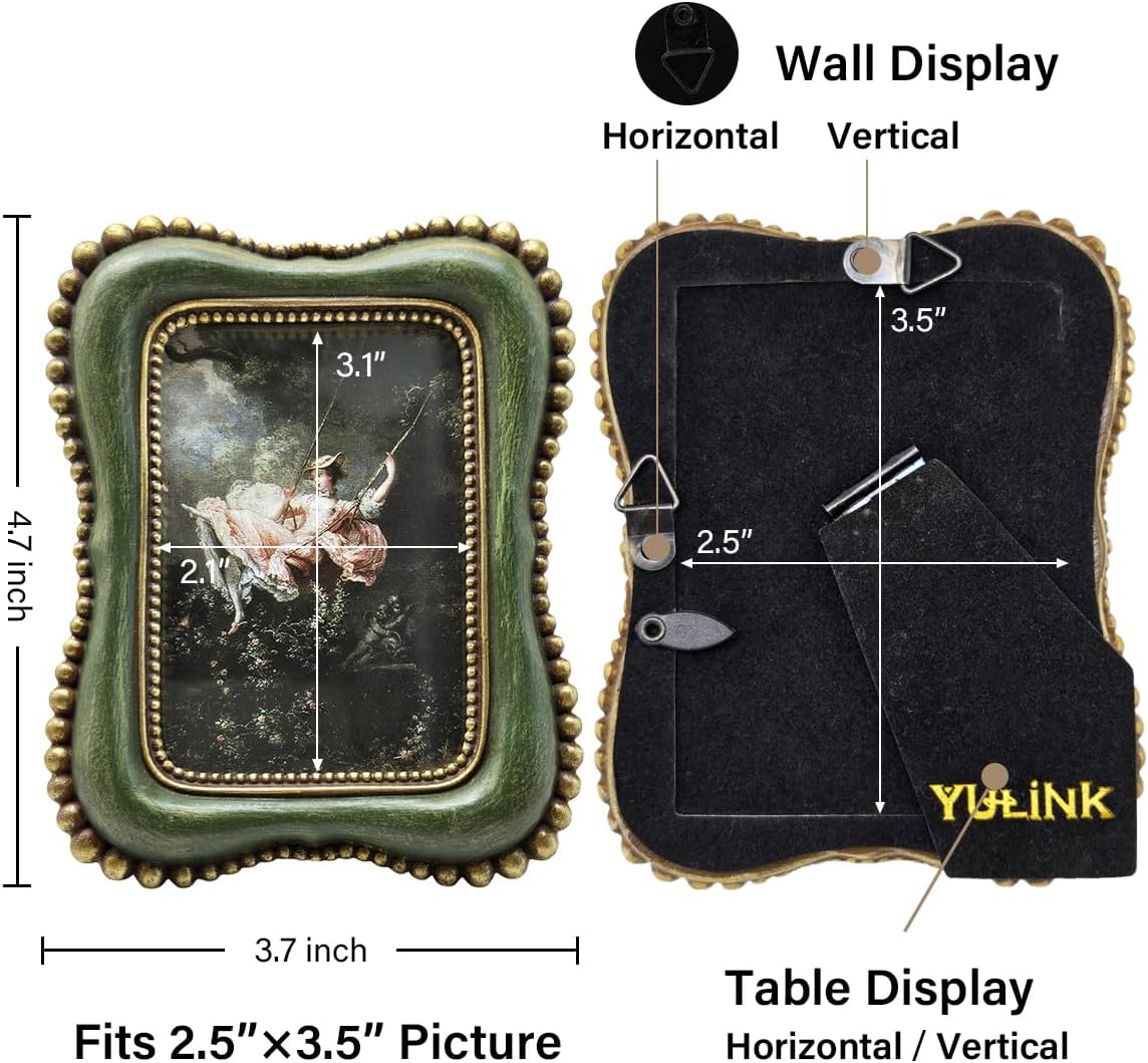 2.5x3.5 Small Vintage Picture Frame, Tiny Antique Green Ornate Photo Frame, for Tabletop and Wall Display, Decorative Retro Home Decor, Old Fashioned Photo Gallery Art