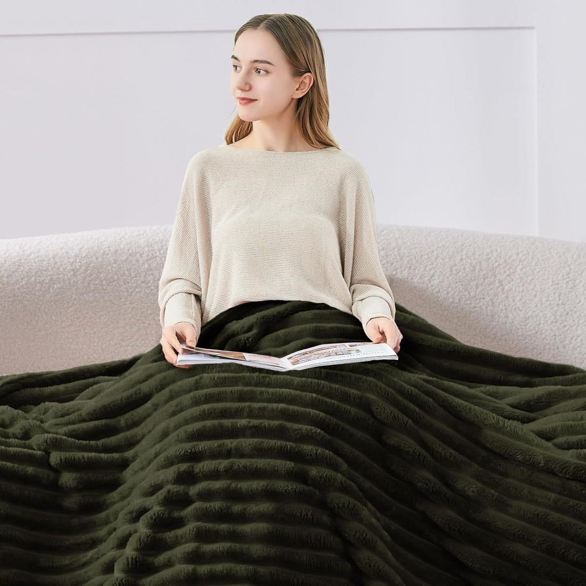 BEDELITE Ribbed Olive Green Throw Blanket for Couch, 50"x60"