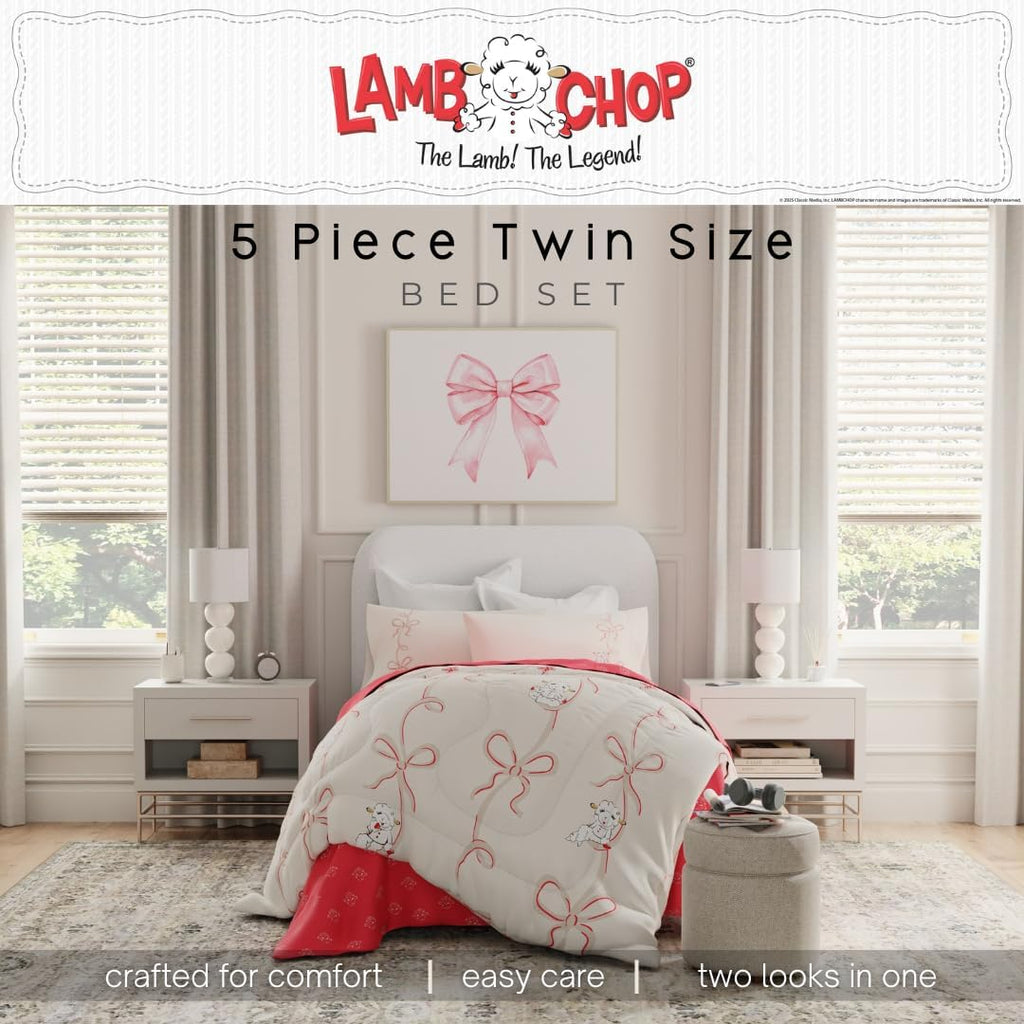 Lamb Chop Bedding Set, Twin Size 5-Piece Super Soft Fluffy Reversible Comforter & Sheet Set with Sham, (100% Officially Licensed Product) by Franco Collectibles