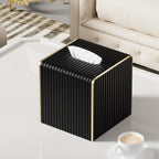 Tissue Box Cover,Black Square Luxury PU Leather Tissue Holder with Gold-Tone Edging Accents,Tissue Box Cover for Bathroom Toilet Bedroom Living Room Table Desk Office,Coffee Table Decor